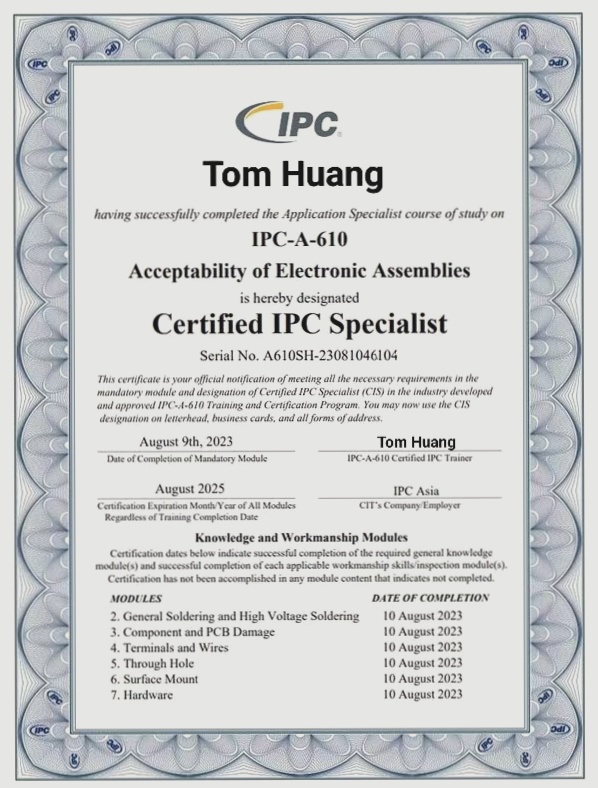 The Significance of Quality in the Electronics Industry – Congratulations to Mr. Cao on Achieving the CIS Certification